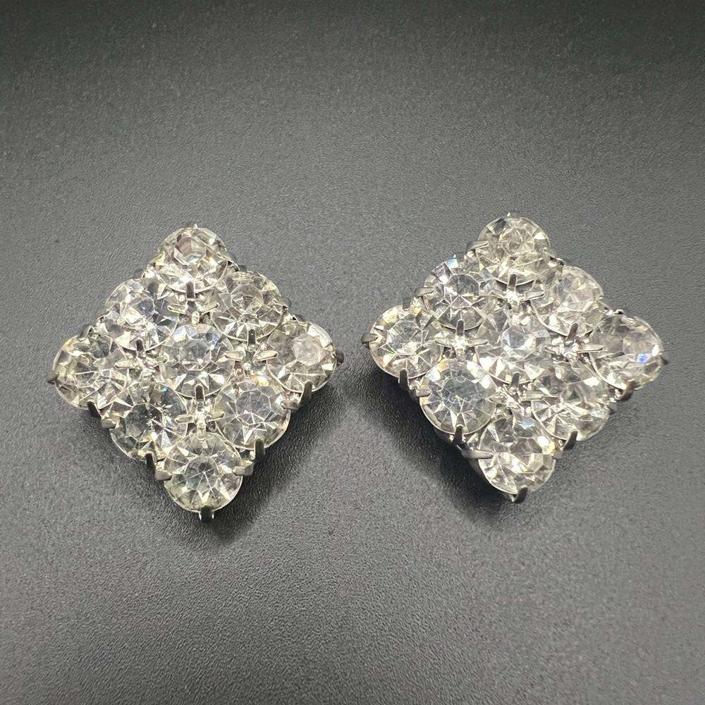 Rhinestone Clip-On Earrings - Elegant Square Design